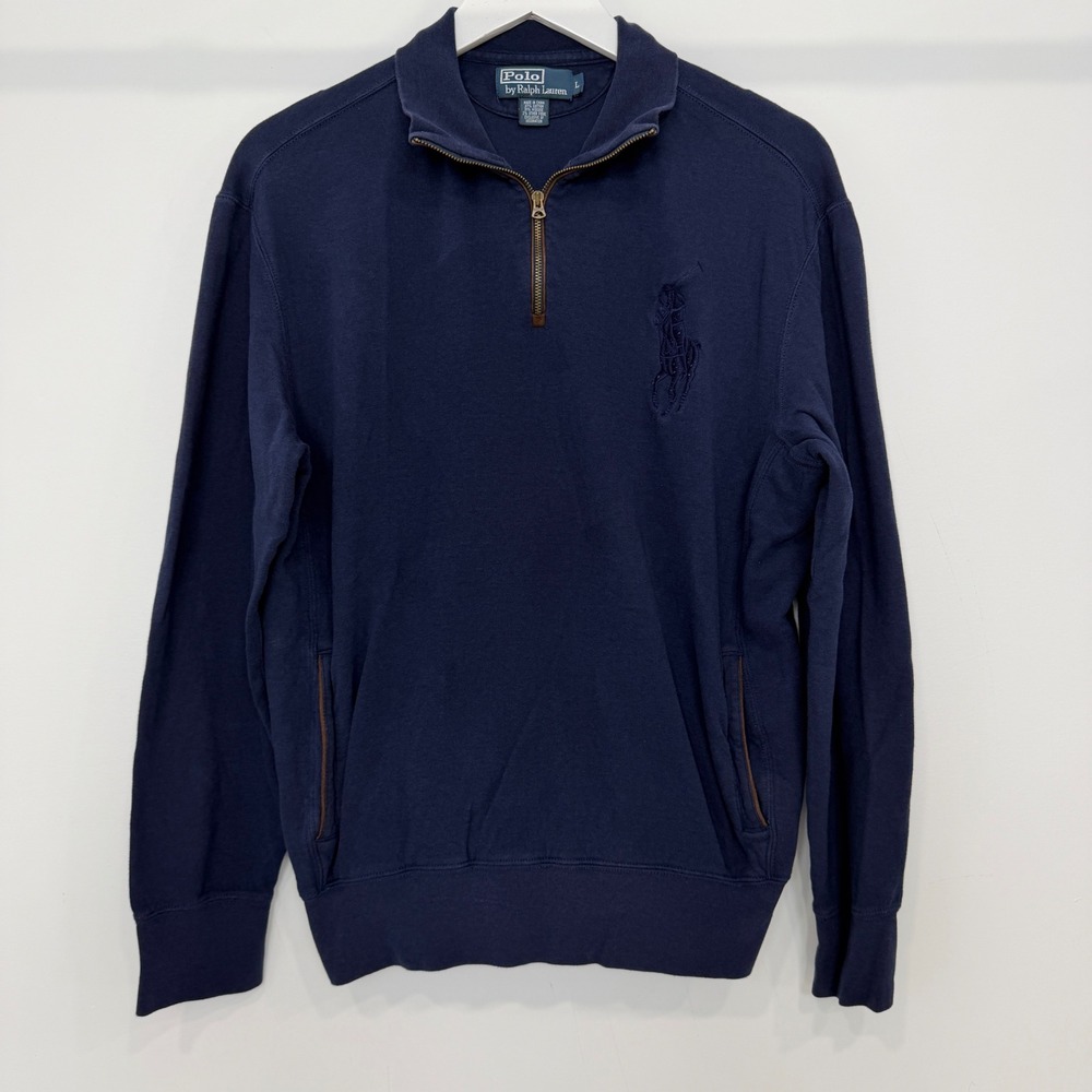 Polo Ralph Lauren Navy Blue Big Pony Logo Quarter Zip Pullover Elbow Patches L